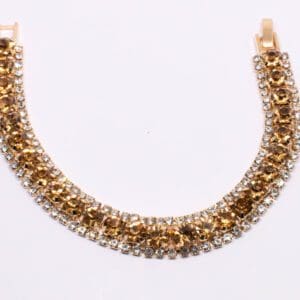 A gold chain with two rows of clear stones.