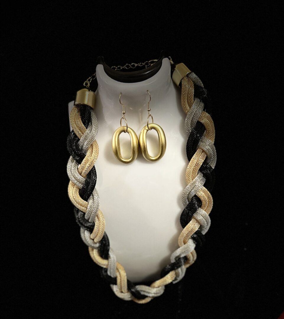 A necklace and earrings set on display.